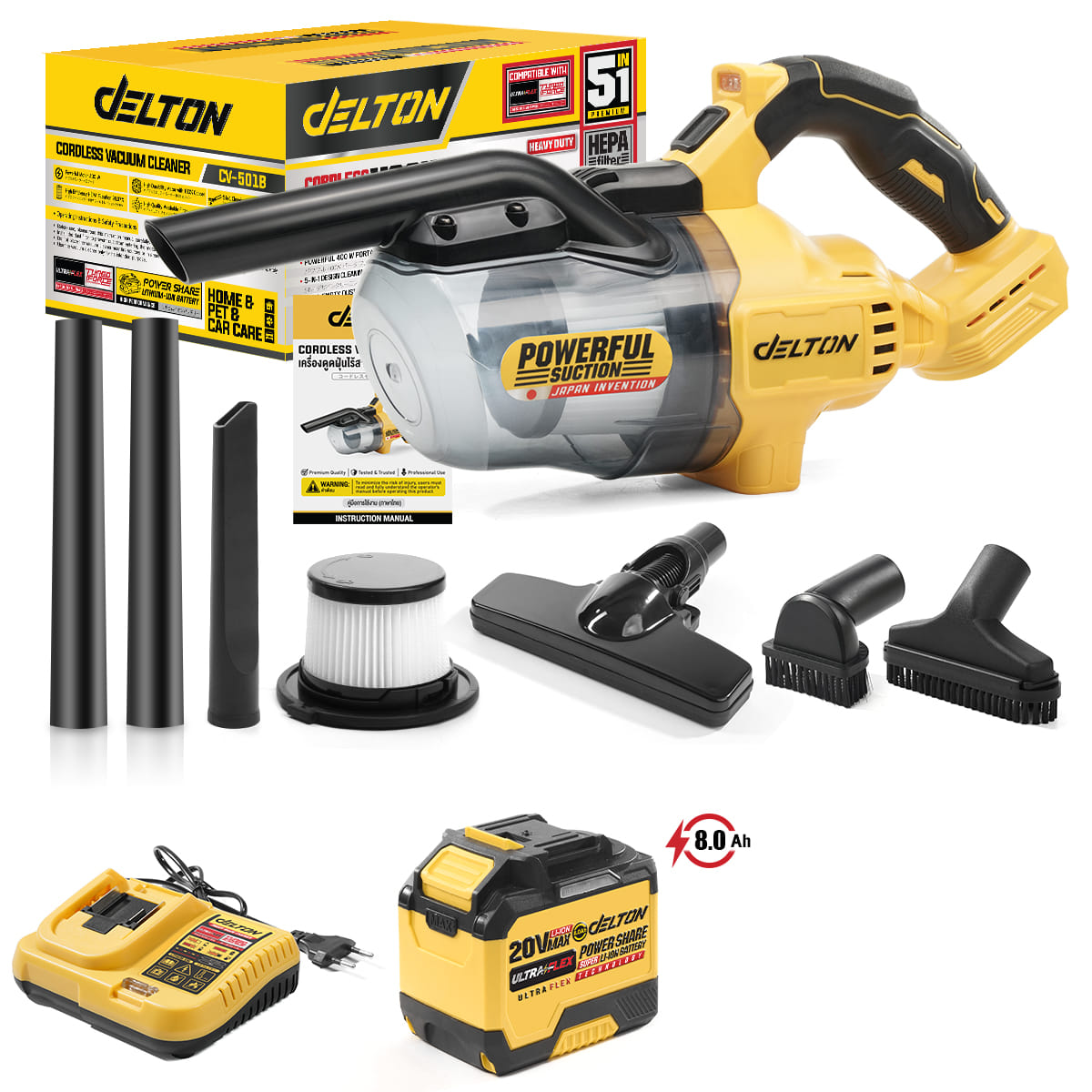 เครื่องดูดฝุ่นแบบมือจับไร้สาย (พร้อมแบตเตอรี่) DELTON รุ่น CV-501B ULTRAFLEX 20V 8AH_1